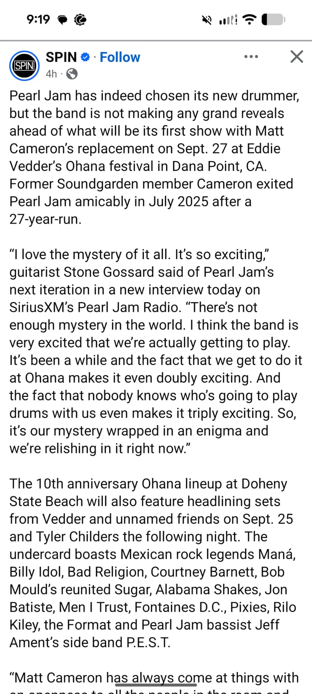 Stone confirma: novo baterista do Pearl Jam já foi escolhido